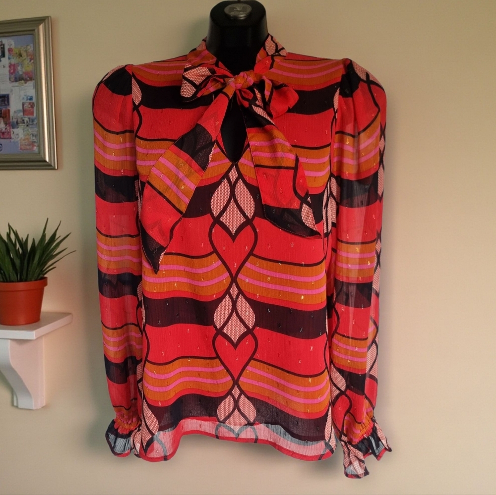 Rachel Zoe Women's Metallic Red & Black Patterned V-Neck With Neck Tie Blouse